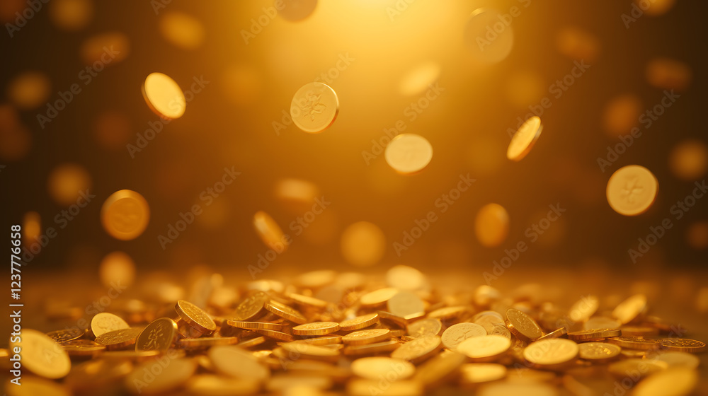 Aufkleber golden coins falling in a shimmering light creating a rich and luxurious atmosphere on a softly focu
