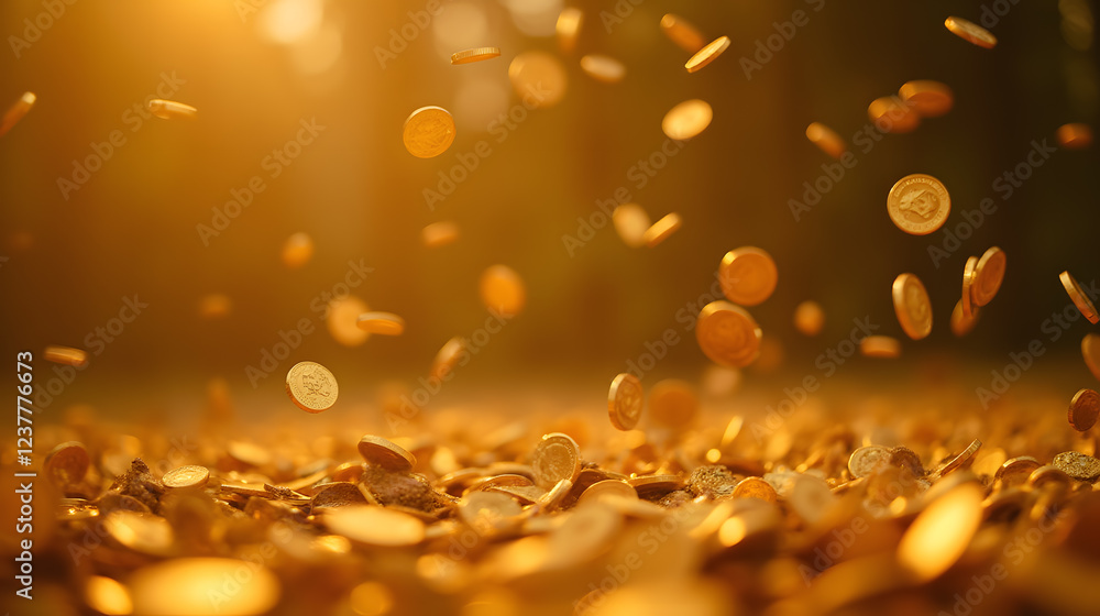 Poster shimmering gold coins falling in a serene natural setting with soft light and warm tones creating a 