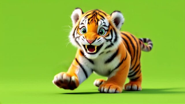 Cute tiger cub running, green screen, animation, mascot