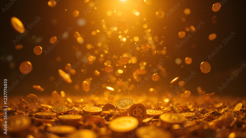 Poster sparkling gold coins falling with glowing light creating a magical atmosphere representing wealth an