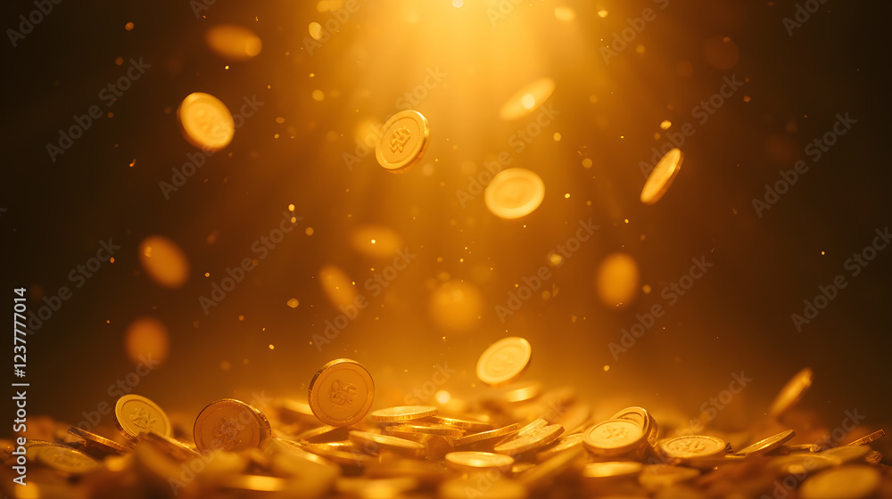 Poster golden coins falling in radiant light with sparkles creating a magical atmosphere of abundance and w