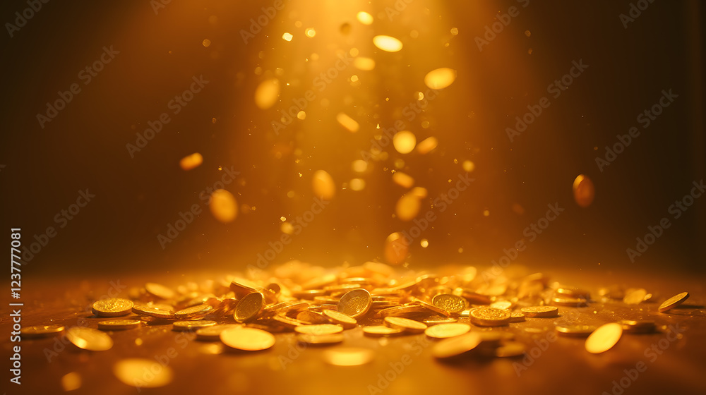Poster golden coins scattered on surface with particles illuminated by warm light creating a magical and lu