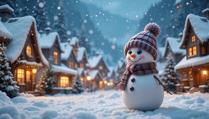 Obraz premium Adorable Snowman in a Cozy Winter Village Scene with Snow Falling Softly on Christmas Eve