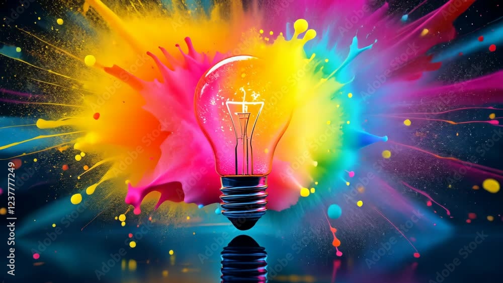 Poster vibrant lightbulb explosion with colorful paint splash in dynamic sequence