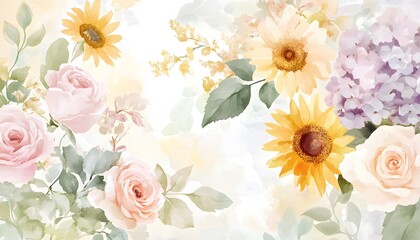 Watercolor painting of sunflowers roses and hydrangeas