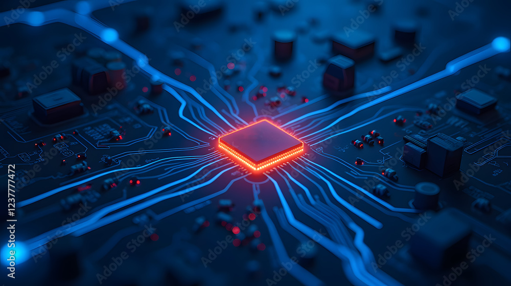 Poster futuristic microchip on circuit board with bright led lights and electric patterns representing tech
