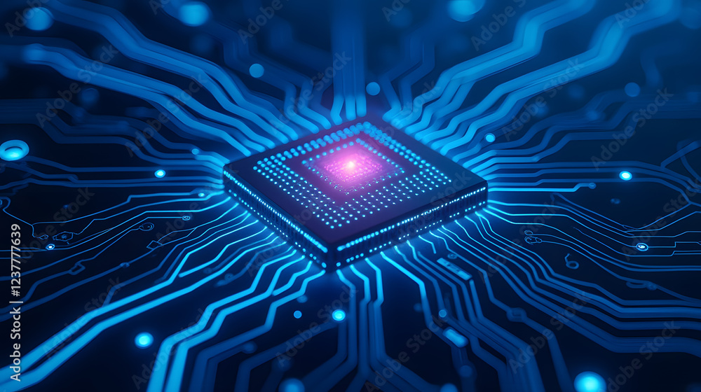 Poster close-up view of a modern microchip surrounded by radiating circuit lines in a futuristic symmetry o