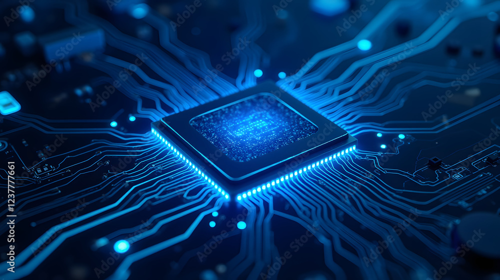 Poster high-resolution close-up of a microchip surrounded by glowing circuitry for technology and innovatio