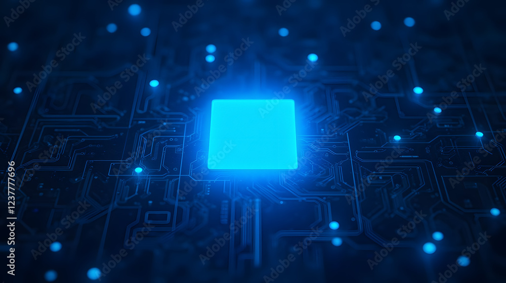 Poster futuristic blue glowing microchip on dark electronic circuit board background with luminous connecti