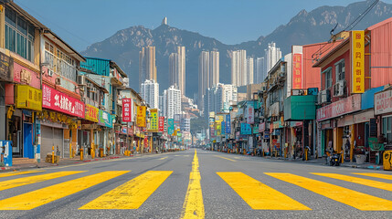 Obraz premium Empty street, Lion Rock, urban backdrop, Hong Kong