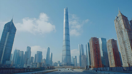 Obraz premium Shanghai skyline, skyscraper, highway, city, sunrise, urban landscape, stock photo