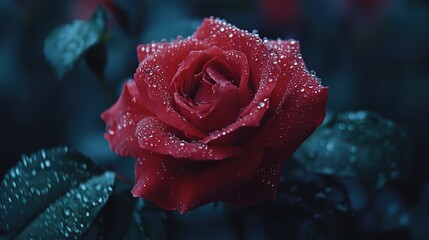 Crimson Dewdrop Rose: A single, velvety crimson rose, adorned with glistening dewdrops, commands attention against a backdrop of deep green foliage in a close-up shot.