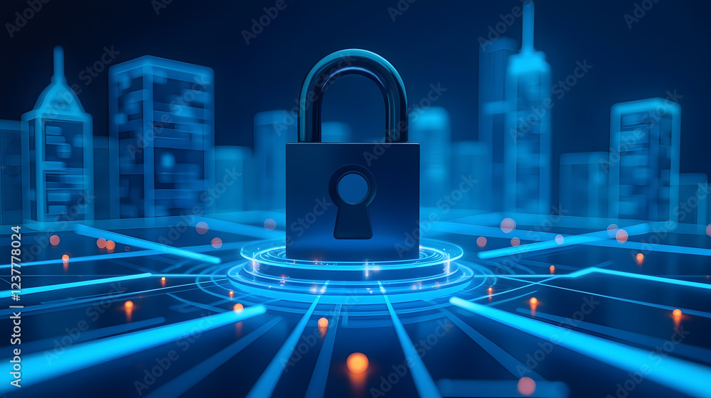 Poster digital lock symbolizing cybersecurity protection in futuristic cityscape with glowing data connecti