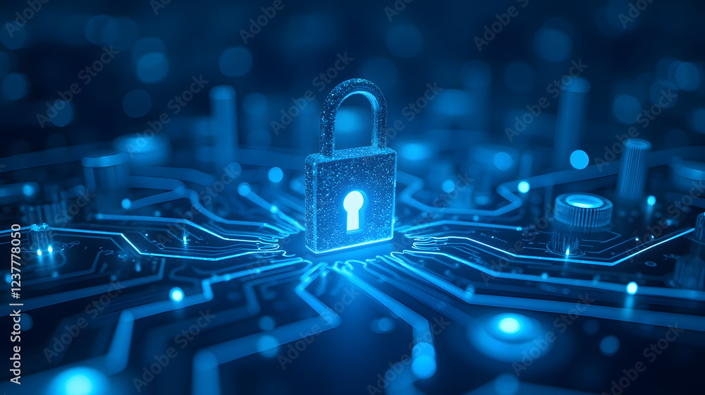Poster digital lock on a circuit board representing cybersecurity and data protection in a technological en