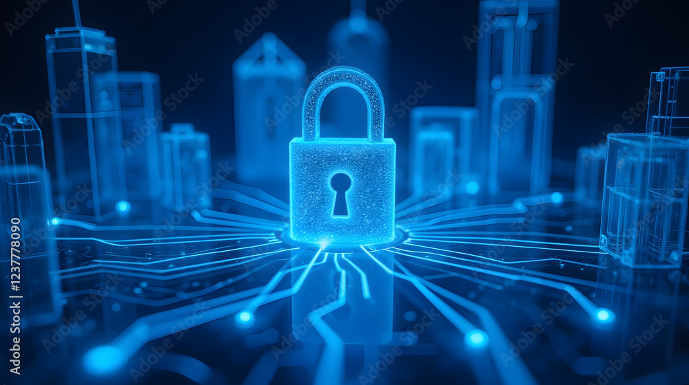 Aufkleber digital lock symbolizing cyber security in a futuristic cityscape with neon lights and network conne