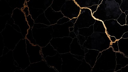 Fototapeta premium A luxurious yet haunting texture of cracked black marble with delicate gold veins