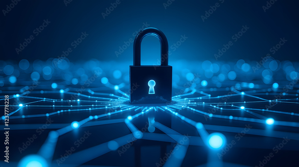 Poster digital security concept with a padlock on a glowing network background representing data protection