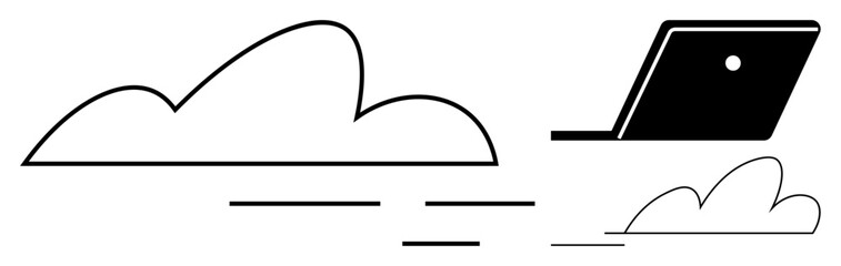 Clouds and abstract laptop image imply digital innovation, scalability. Ideal for technology, remote work, efficiency, connectivity, cloud computing, digital transformation, modern business themes