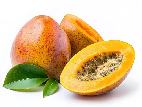 Ripe Tropical Babaco Fruits, Halved, Showing Seeds, Leaves