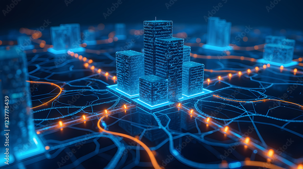 Poster futuristic urban landscape with digital nodes and illuminated city structures representing smart cit