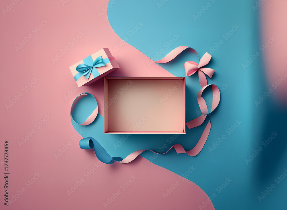 Canvas Prints A pastel pink and blue background features an open gift box with light blue ribbon.  The box is empty, ready to be filled.