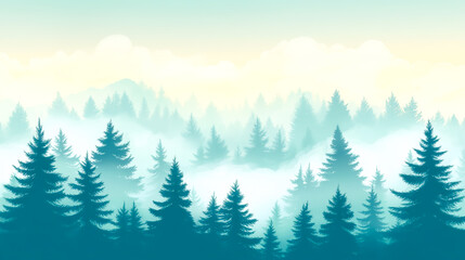 Fototapeta premium Misty fir tree forest. Forest landscape with pine trees covered with fog and clouds.
