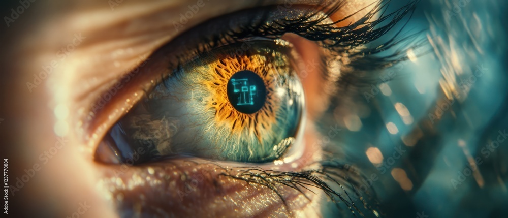 Poster a close-up of an eye with intricate patterns and digital elements reflected in the iris.