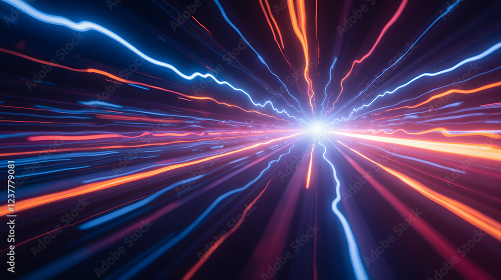 Poster dynamic light trails representing speed and movement in a futuristic digital space with vibrant colo