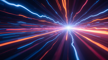 Dynamic Light Trails Representing Speed and Movement in a Futuristic Digital Space with Vibrant Colors and Energy Flowing in Multiple Directions
