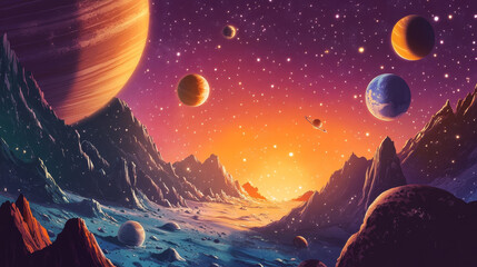 Cartoon astronaut character in space. Space planets and stars. Galaxy exploration, planets research vector wallpaper, solar system planets background with astronaut character flying in weightiness