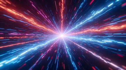 Naklejka premium Dynamic abstract light trails creating a vibrant burst of energy and color in a futuristic space environment with depth and motion effects