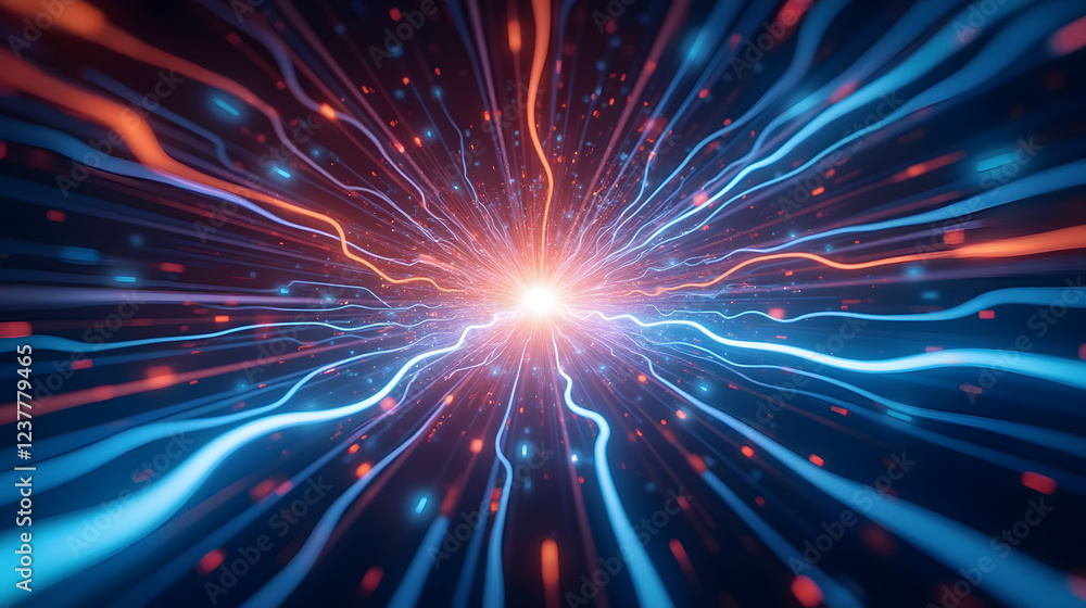 Poster bright energy burst in flowing waves of blue and red light creating a dynamic abstract background of