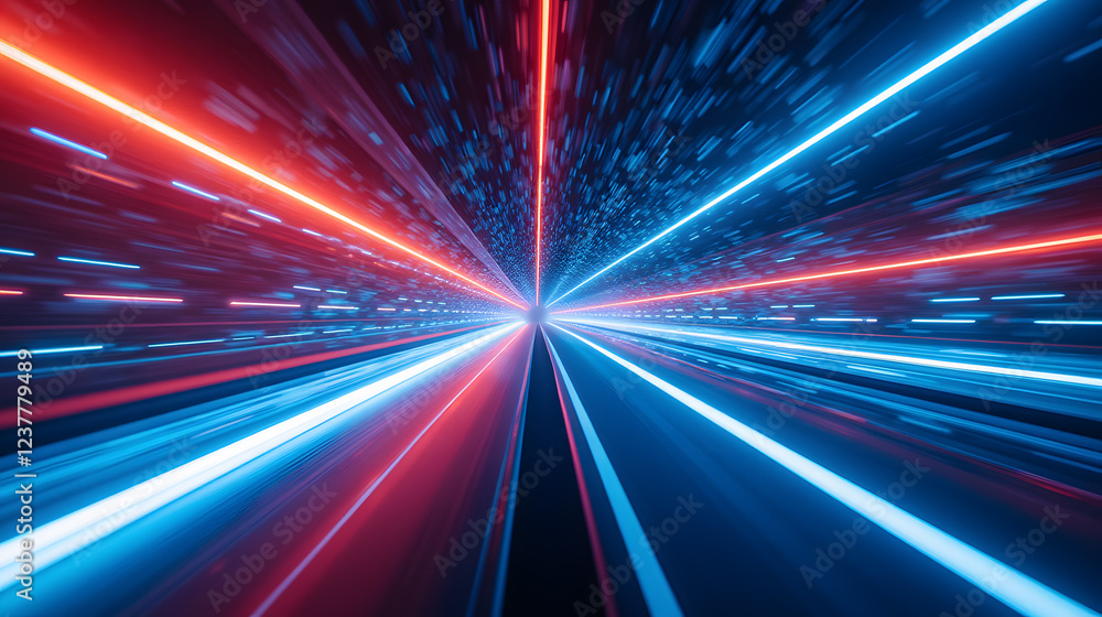 Poster dynamic burst of light rays in motion: a futuristic neon scene with blue and red colors illuminating