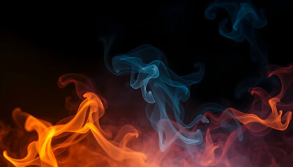 Fototapeta premium Fire and ice, elemental clash, orange and blue flames, swirling tendrils, opposing forces, dynamic energy, abstract art, vibrant colors, fluid motion, cosmic dance, ethereal wisps, contrasting element