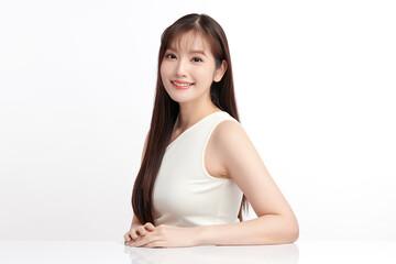 Obraz premium Beautiful young asian woman with clean fresh skin on white background, Face care, Facial treatment, Cosmetology, beauty and spa, Asian women portrait.