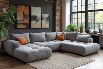 Fototapeta premium Modern urban living room with gray fabric multi-piece sofa featuring chaise and hidden storage, studio lighting for product display.