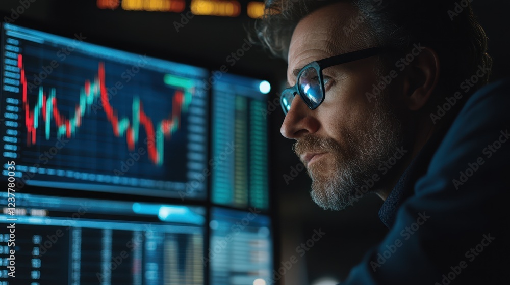 Poster a focused individual analyzes financial data on multiple screens in a dimly lit environment.