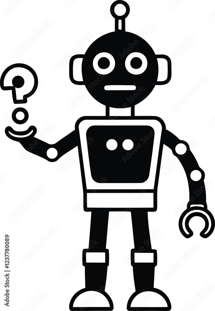 Poster robot with search icon in this hand vector art, modern robot silhouette vector illustration, robot i