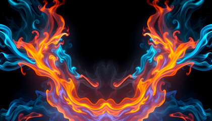 Fototapeta premium Fire and ice, elemental clash, orange and blue flames, swirling tendrils, opposing forces, dynamic energy, abstract art, vibrant colors, fluid motion, cosmic dance, ethereal wisps, contrasting element