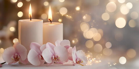 Elegant Candlelight with Orchid Flowers and Bokeh Background