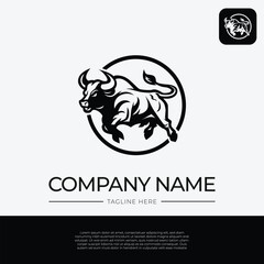Bull In Charge Logo Template Design with Circle, Black and White