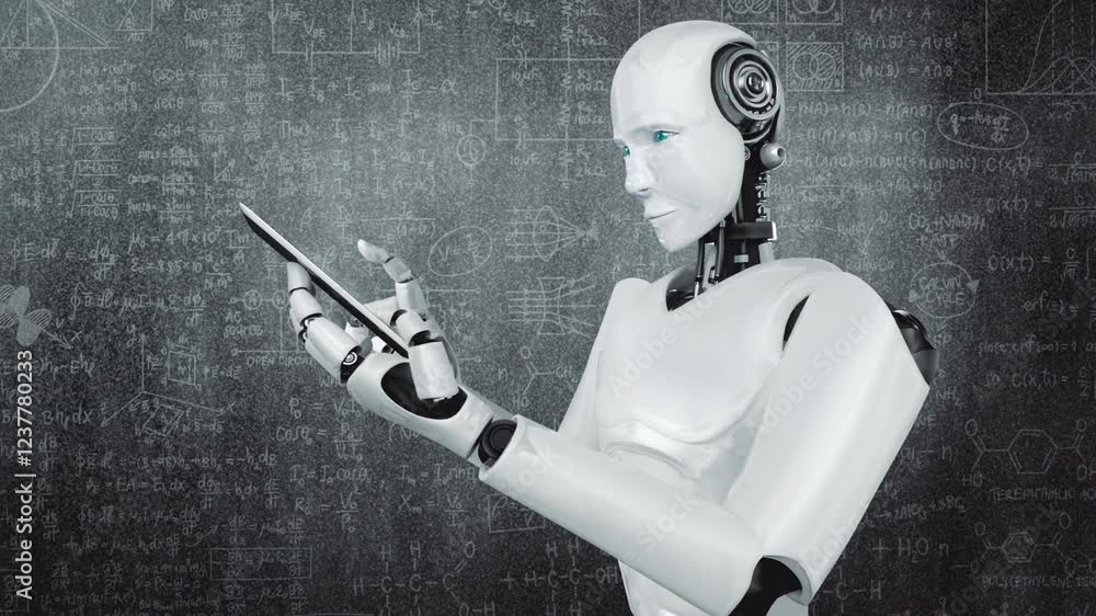 Poster robot hominoid use mobile phone or tablet for engineering science studying using ai thinking brain ,