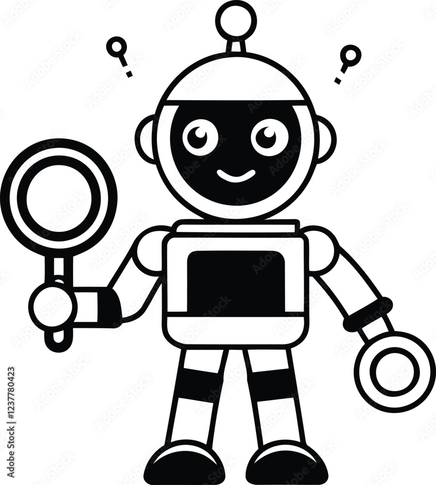 Poster robot with search icon in this hand vector art, modern robot silhouette vector illustration, robot i