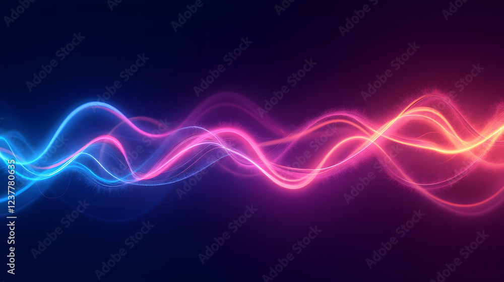 Poster abstract colorful light waves pattern in blue pink and orange against a dark background for use in c