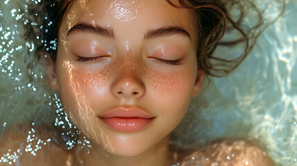 Peaceful woman floating in clear water, eyes closed, sunlit skin glowing with tranquility and serenity, capturing relaxation, beauty, and serene moments in nature.