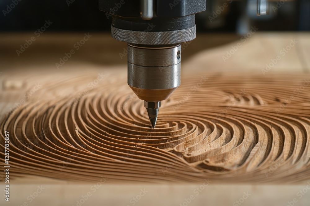 Poster AI-driven decision making concept. A close-up of a CNC router carving intricate swirls into a wooden surface, showcasing precision in woodwork.
