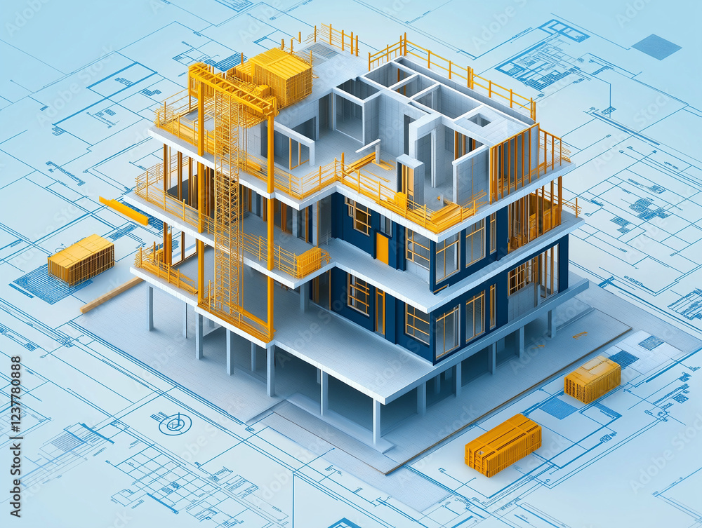 Poster isometric model of a building under construction . generative ai