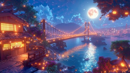 Enchanted Night: Serene Cityscape with a Magical Bridge and Glowing Lanterns