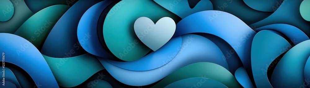 Poster abstract geometric pattern in cool shades of blue with layered design elements and a central heart m