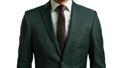 Businessman wearing green suit and burgundy tie on transparent background